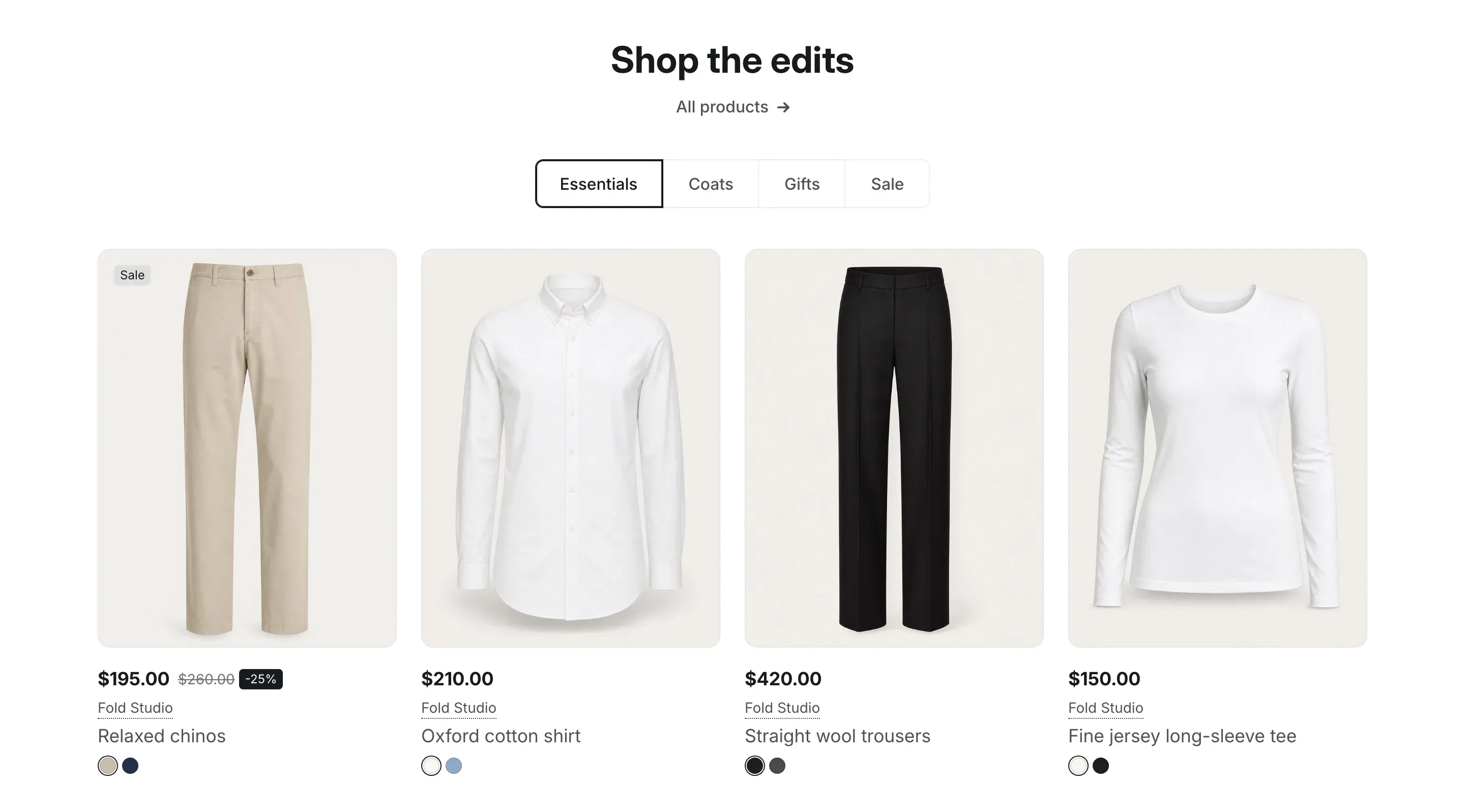 A Product tabs section with the heading “Shop the edits”, an “All products” link, four tabs with the first one selected, and four product cards below.