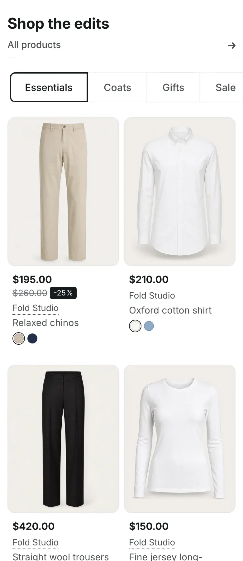 The same section on a phone: the heading aligned left, the link on a full-width line, a tab row that runs past the screen edge and product cards in two columns.
