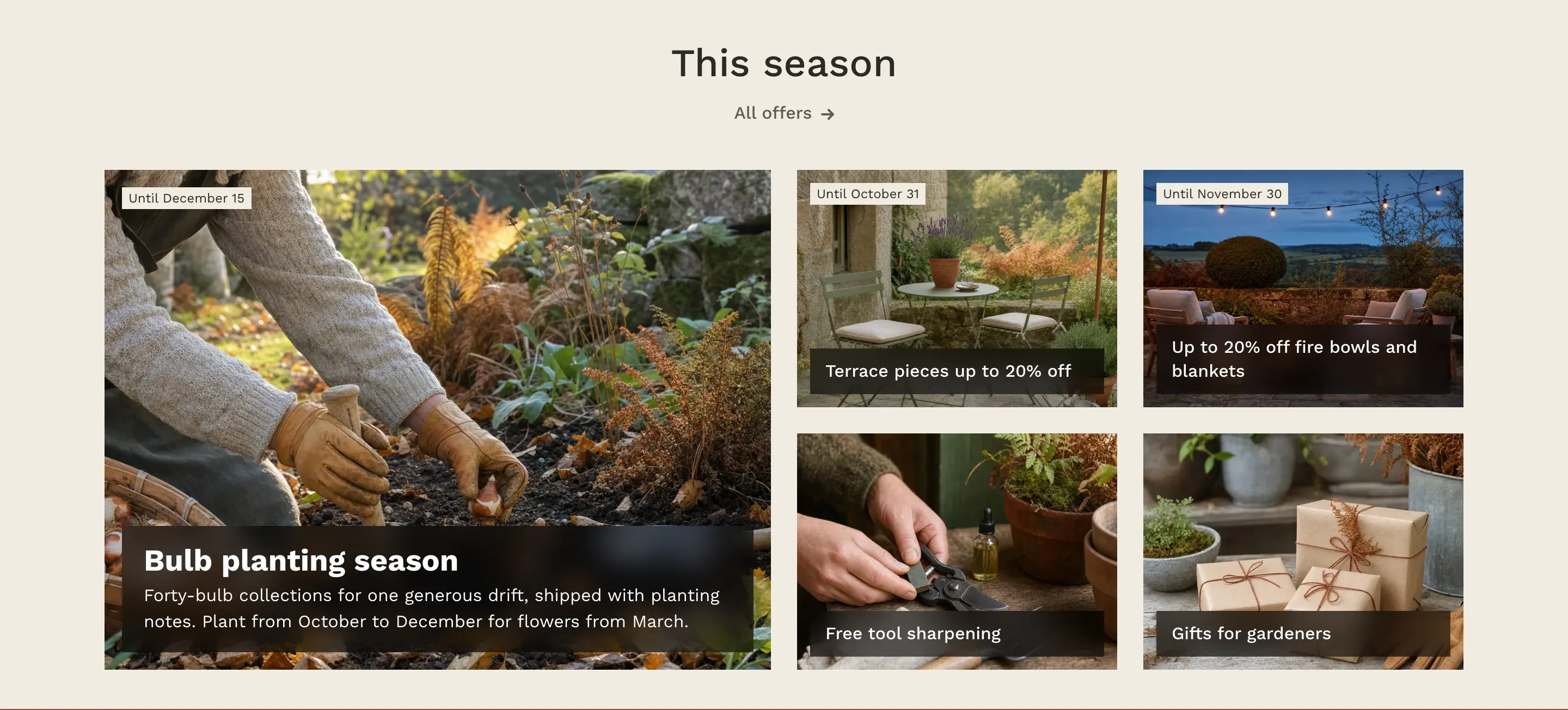 A Promotions section in the Grid layout: the heading “This season”, an “All offers” link, a large featured card with an “Until December 15” label, a title and a description on the left, and four smaller cards with titles on dark panels on the right, two of them with “Until” date labels.