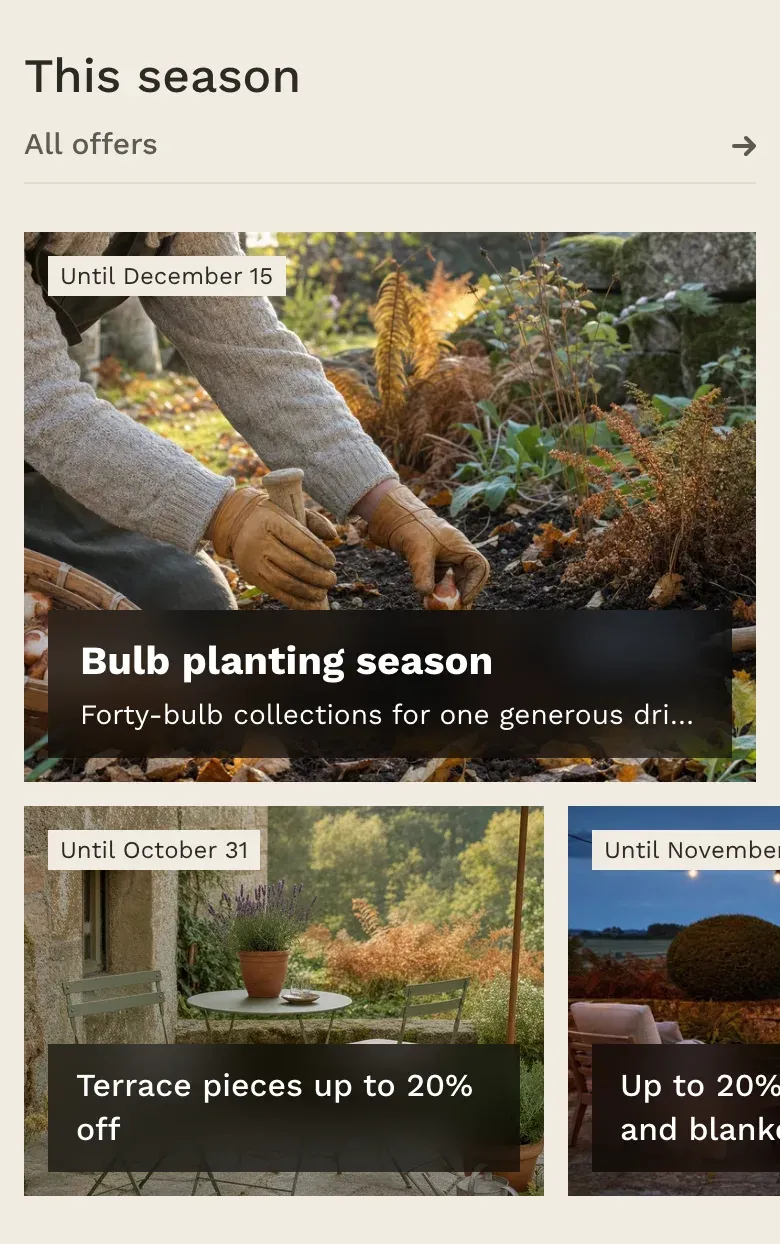 The same section on a phone: the featured card across the full width with its description cut to one line, and smaller cards below that continue past the right edge of the screen.