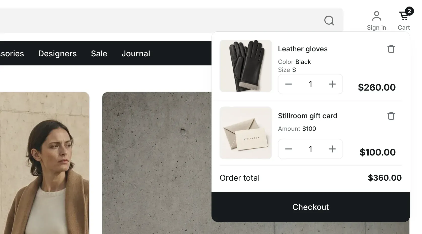 Cart dropdown under the header cart icon with two items, quantity selectors, delete buttons, the order total and a Checkout button.