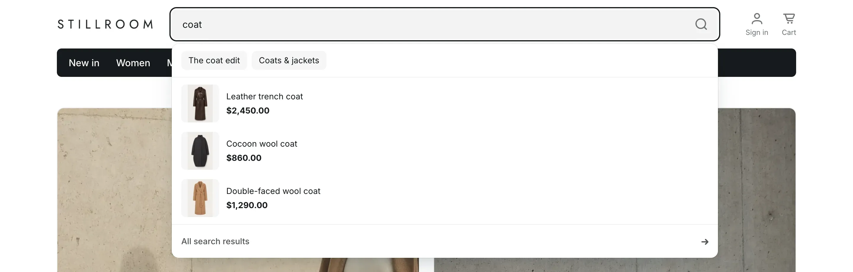 Header search with the word coat typed in. Below the field: two suggestions, three coats with images and prices, and an All search results link.