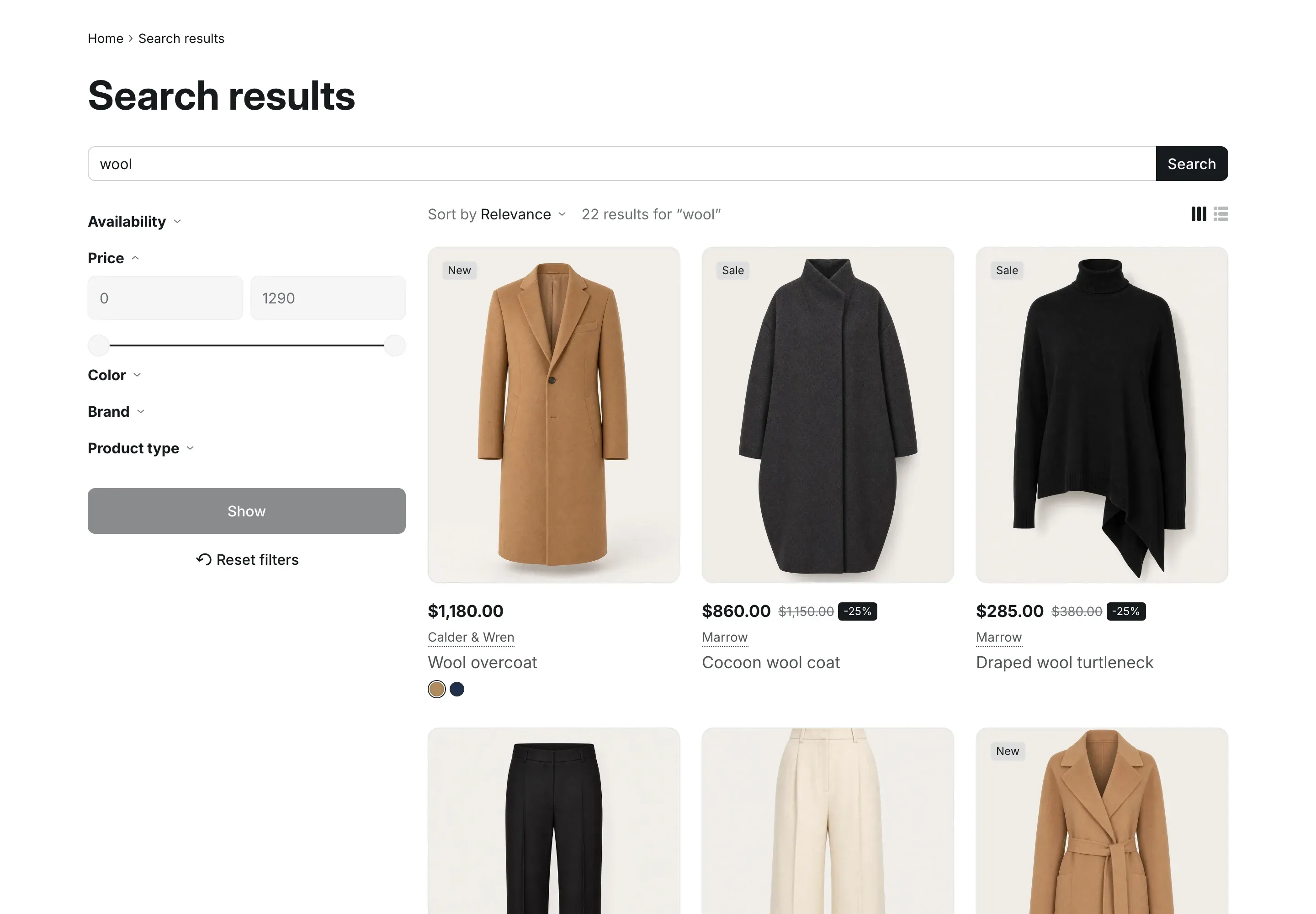 Search results page for the word wool: a search field with a Search button, filters on the left (Availability, Price with a range slider, Color, Brand, Product type) with Show and Reset filters buttons, a sort menu, the text 22 results for “wool”, grid and list buttons, and product cards with coats and a sweater.