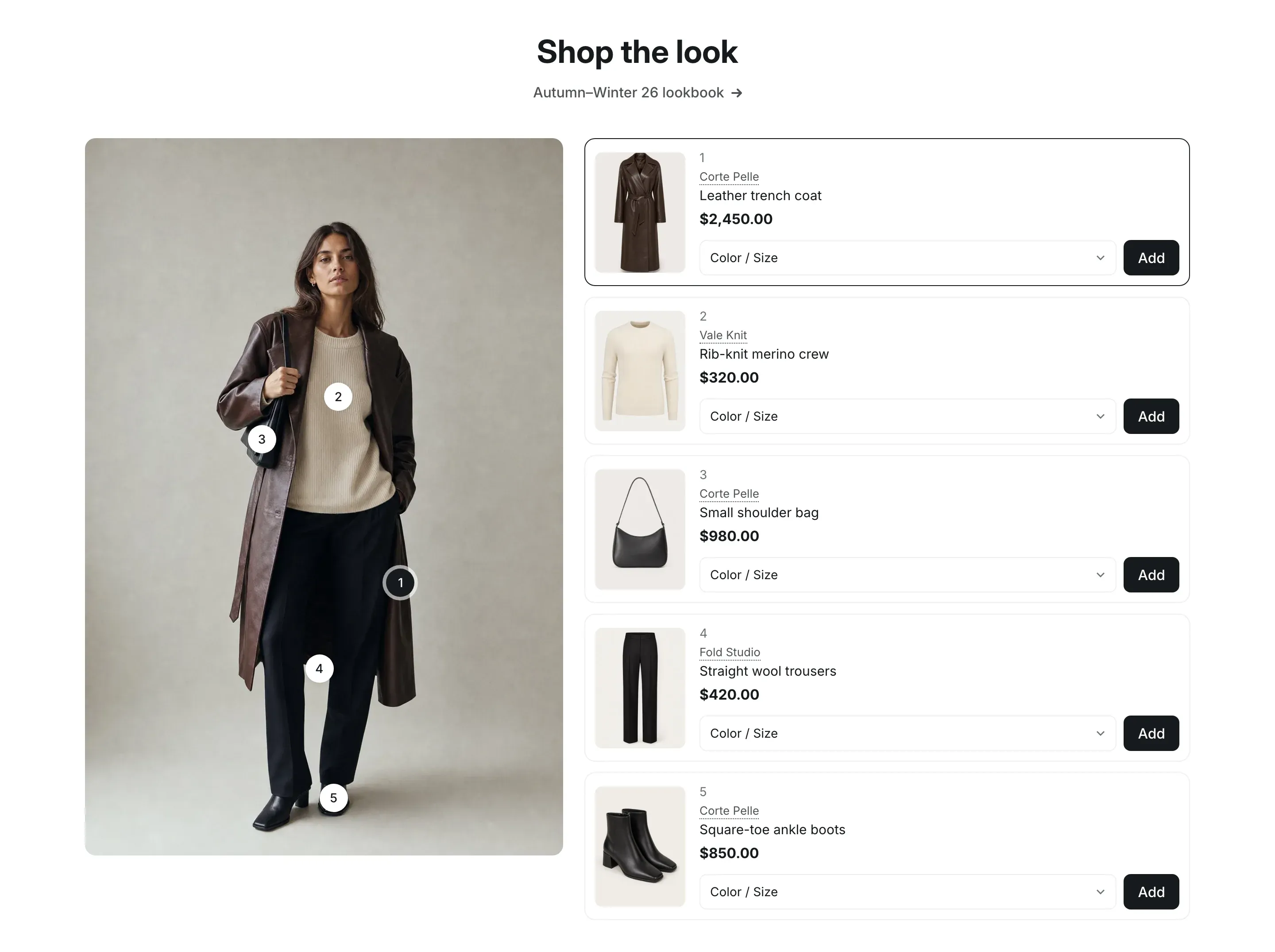 Shop the look: a photo of a model with five numbered white dots on her coat, sweater, bag, trousers and boots, and a list of five product rows on the right, each with a photo, number, brand, title, price, a Color / Size list and an Add button. The first row and dot are highlighted.