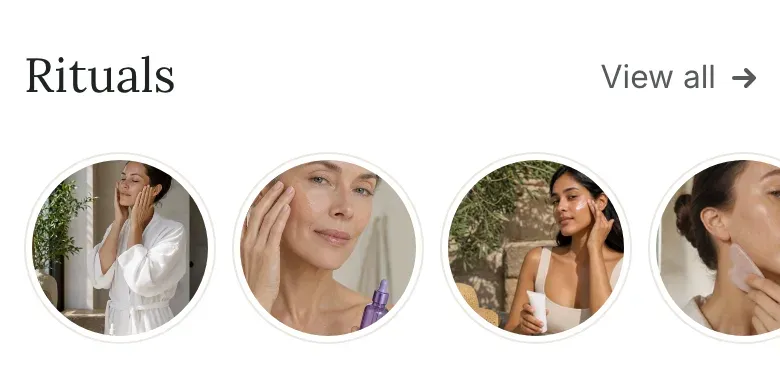 Mobile stories: the heading Rituals and View all in one row, with round story photos below that run off the right edge.