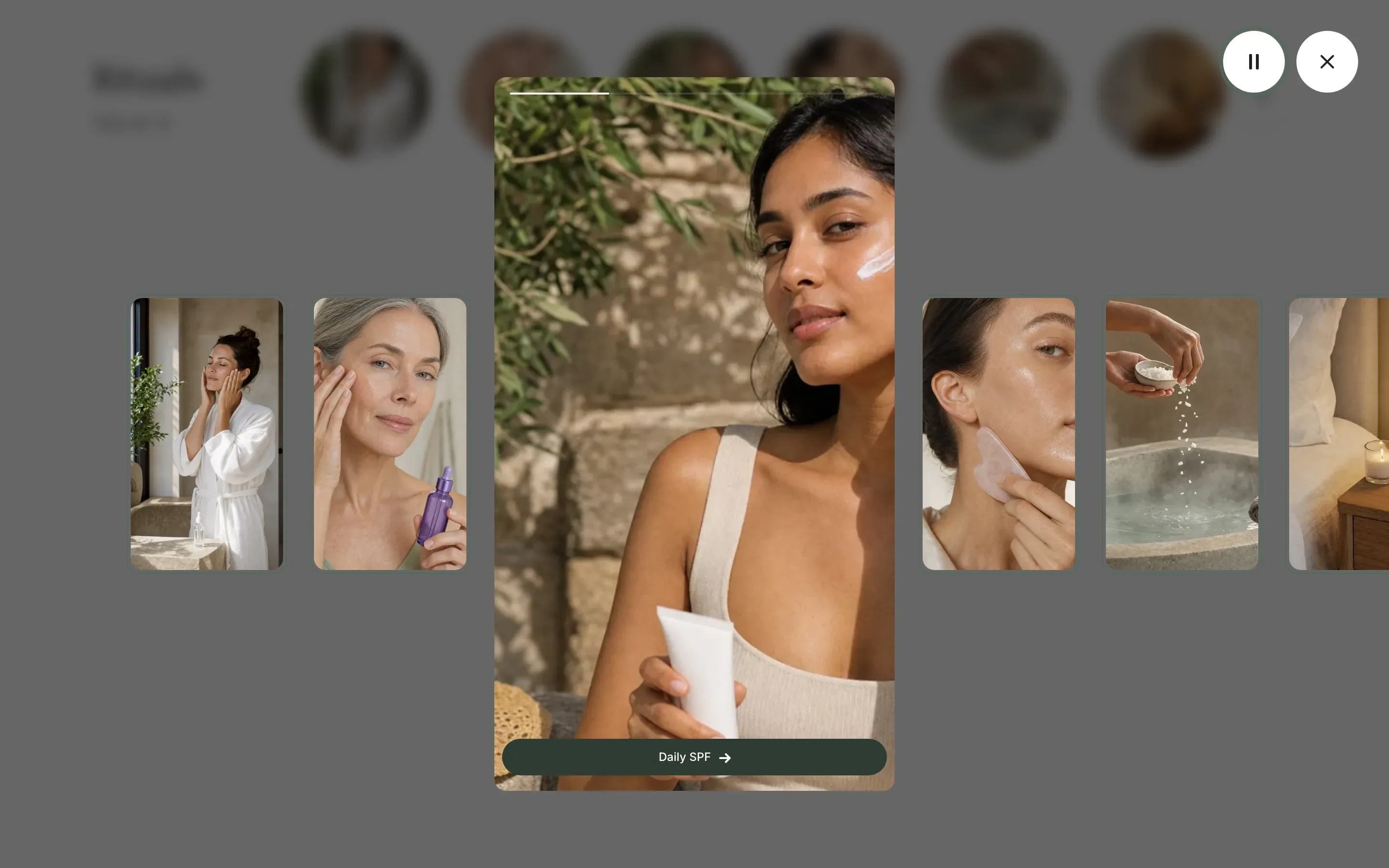 The story viewer: the current story large in the center with a progress line at the top and a Daily SPF button at the bottom, smaller stories on both sides, pause and close buttons in the top right corner, the page dimmed behind.
