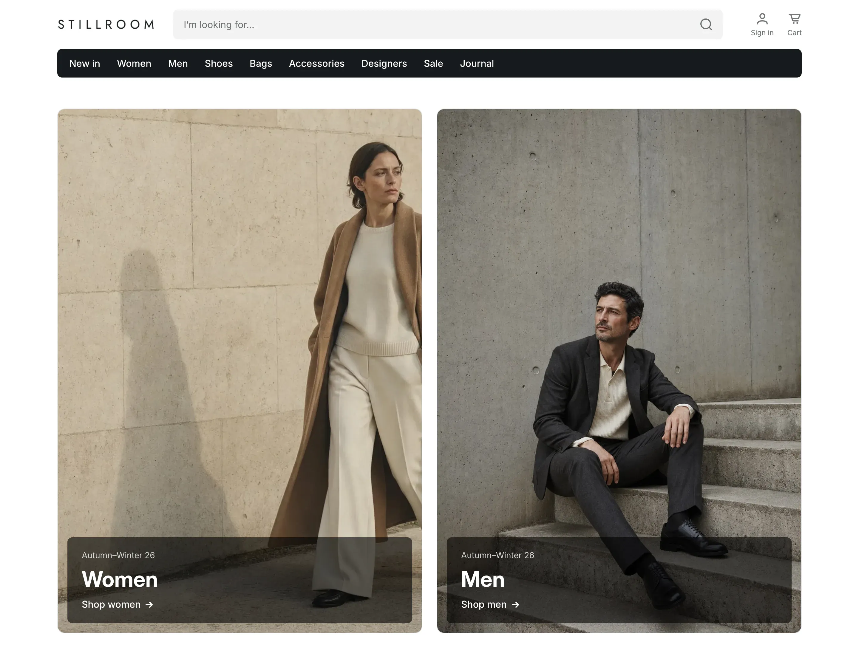 Home page in the Alpha Start style: a white header with the logo, a wide gray search field, Sign in and Cart icons, a black band of catalog links, and two large photo banners for Women and Men with dark captions.