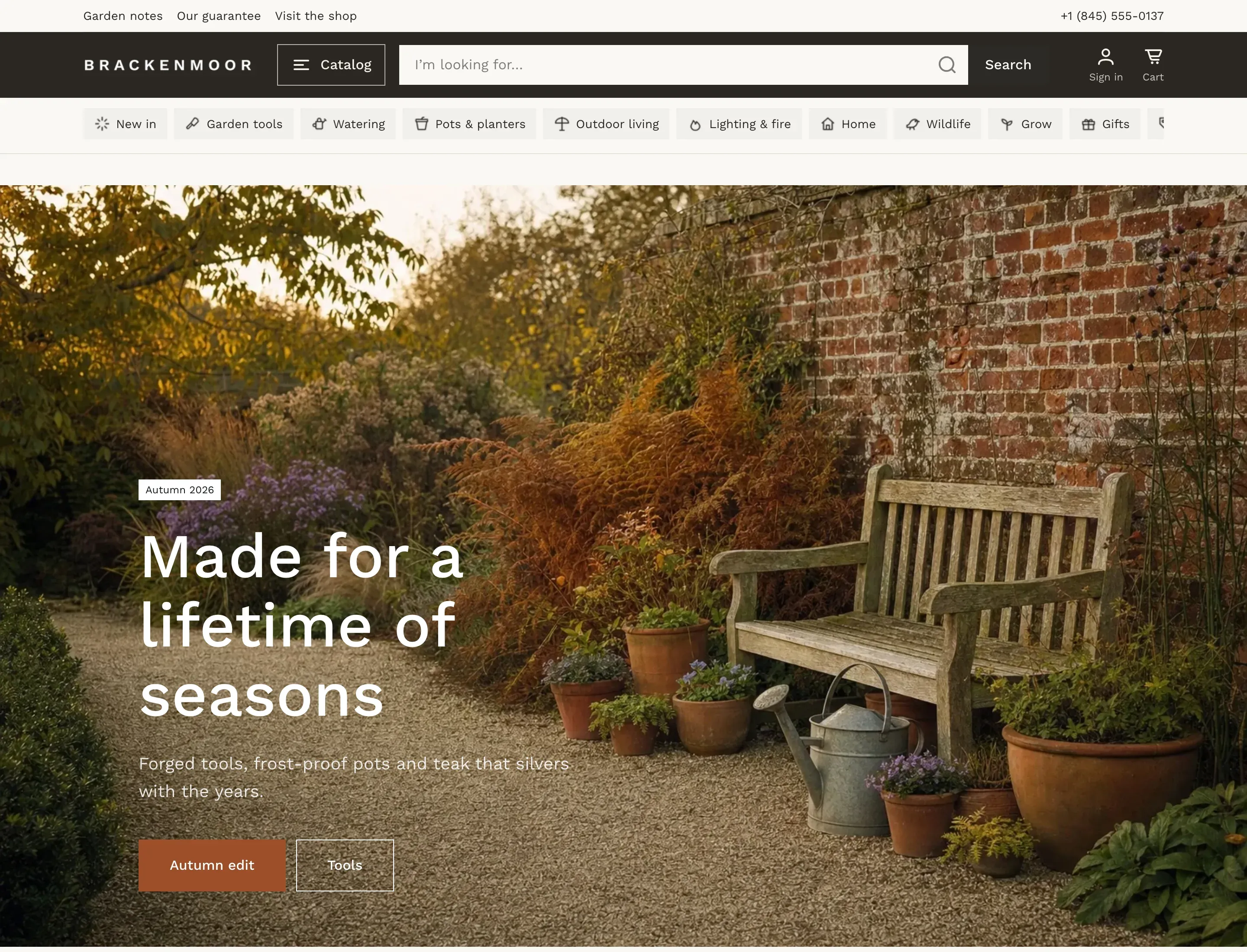 Home page in the Brackenmoor style: a dark brown header row with an outlined Catalog button and a square search field, a row of catalog chips with icons, and a large garden photo with a white heading and square rust and outlined buttons.