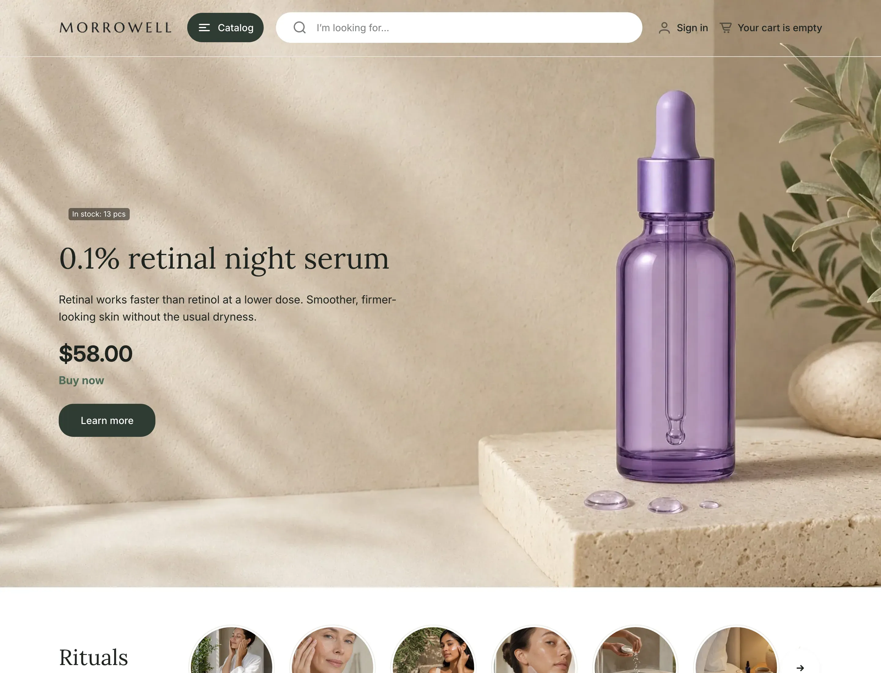Home page in the Morrowell style: the logo in a serif font, a dark green Catalog button and a rounded search field over a large beige photo of a serum bottle with the product name in a serif heading, the price and a rounded Learn more button.